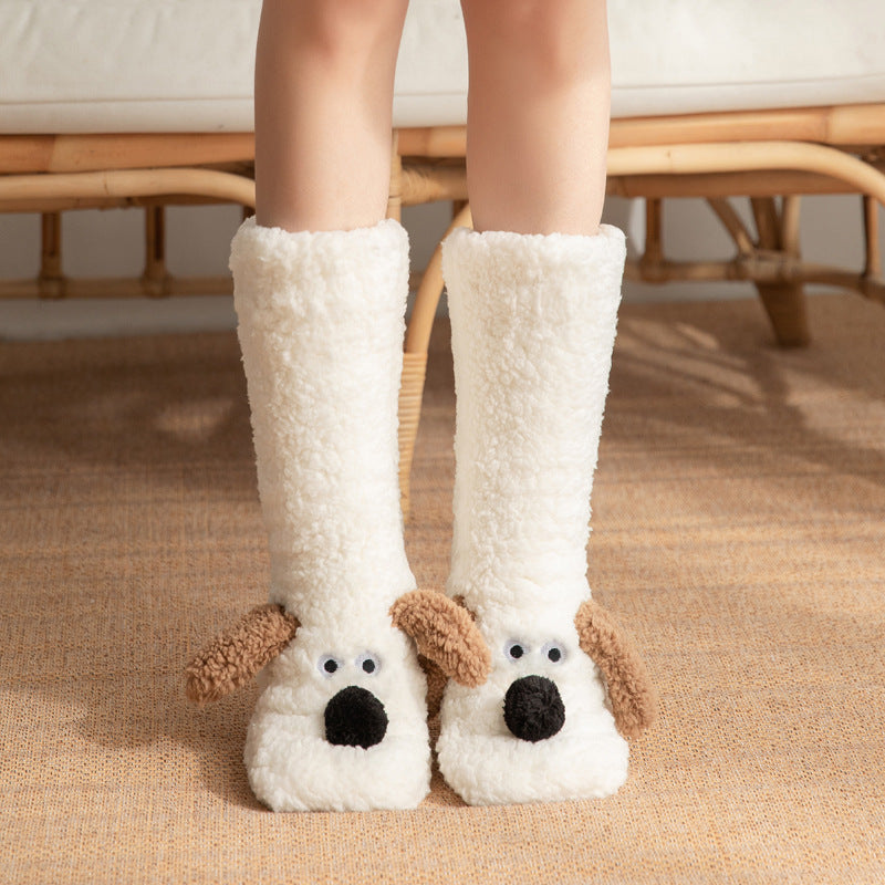 Women’s Cartoon Dog Floor Socks — Cozy Plush, Non-Slip Grip